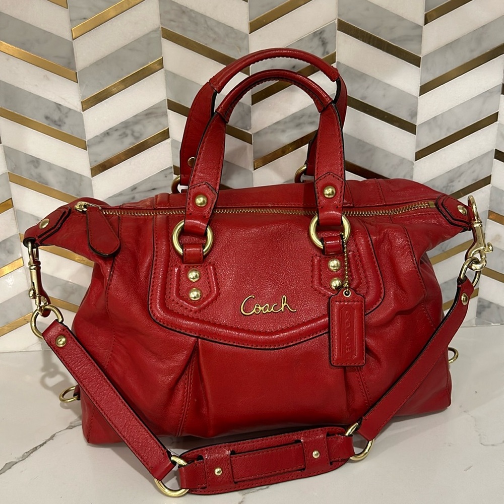 Coach Satchel Bag Purse Cherry Red Leather with Gold Hardware Shoulder Strap